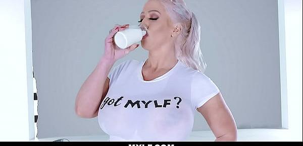  Bustylicious MILF Alura Jenson ready for her milk photoshoot then a milk man came in and she quickly grabs his cock and sucks it and fucked it hard.